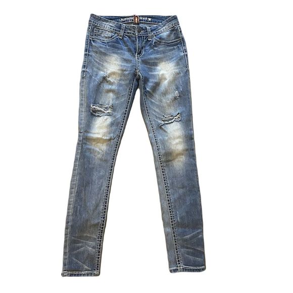 Revolution By Revolt Denim Skinny Jeans ~ Sz 7 ~ Blue ~ Mid Rise ~ Distressed - Picture 1 of 6